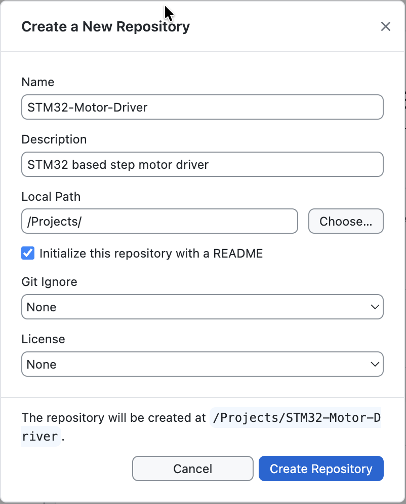 GitHub Desktop New Repository dialog filled in