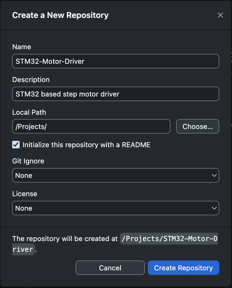 GitHub Desktop New Repository dialog filled in