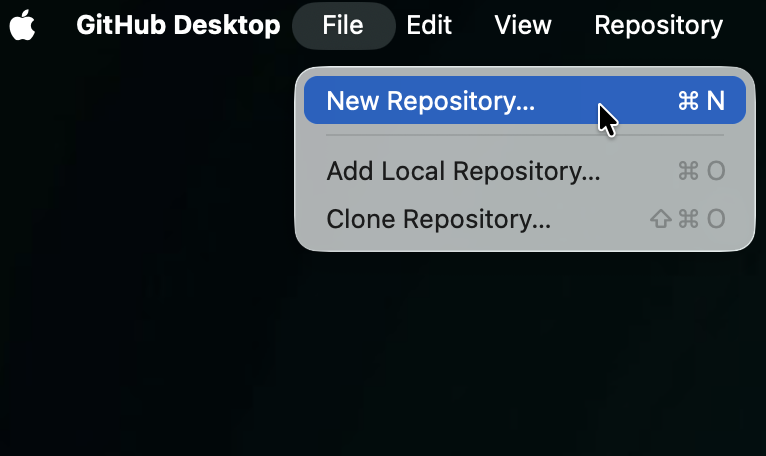 GitHub Desktop File menu with New Repository highlighted