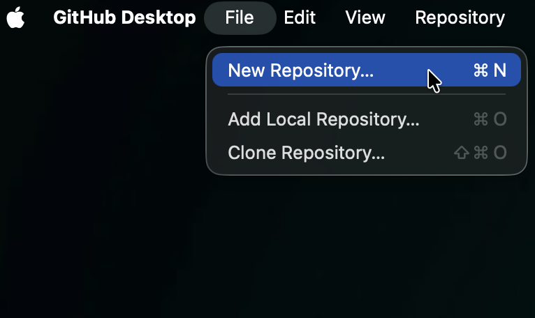 GitHub Desktop File menu with New Repository highlighted
